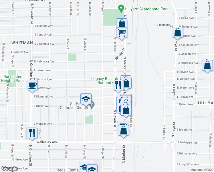 map of restaurants, bars, coffee shops, grocery stores, and more near 2913 East Everett Avenue in Spokane