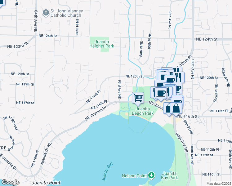 map of restaurants, bars, coffee shops, grocery stores, and more near 11717 93rd Avenue Northeast in Kirkland