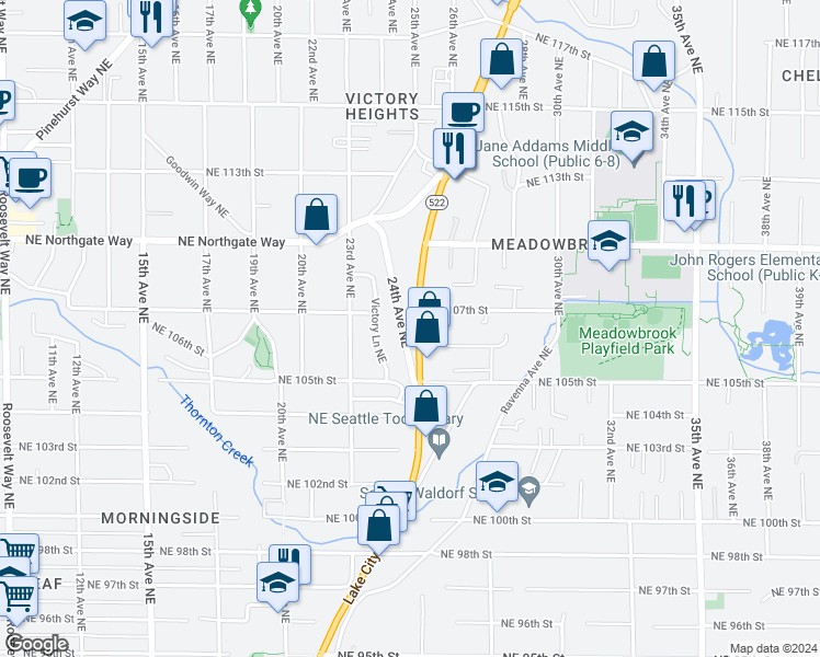 map of restaurants, bars, coffee shops, grocery stores, and more near 10551 24th Avenue Northeast in Seattle