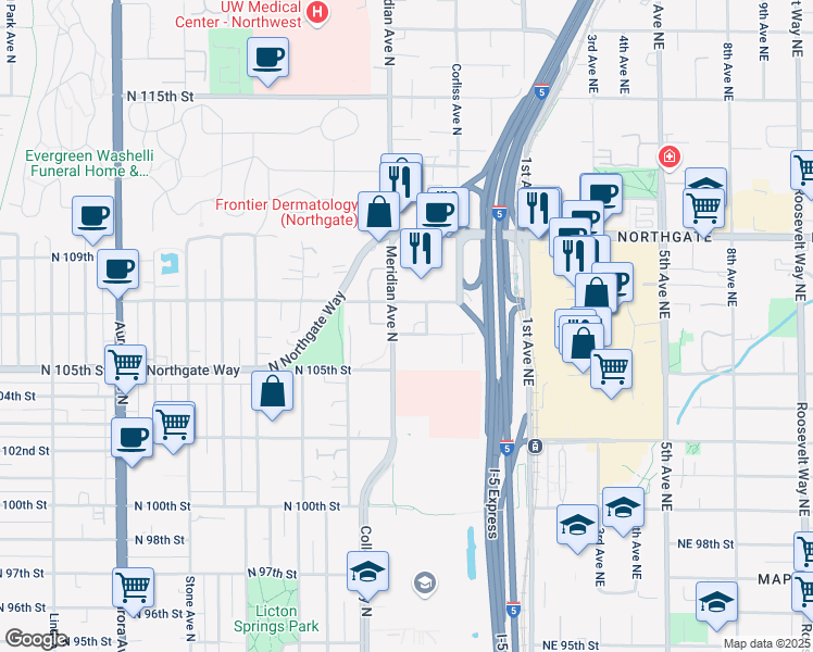map of restaurants, bars, coffee shops, grocery stores, and more near in Seattle