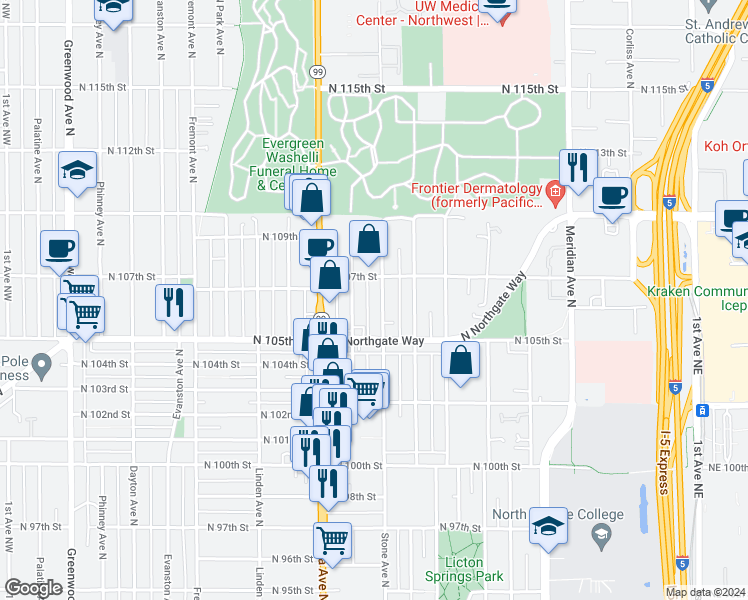 map of restaurants, bars, coffee shops, grocery stores, and more near 10532 Midvale Avenue North in Seattle