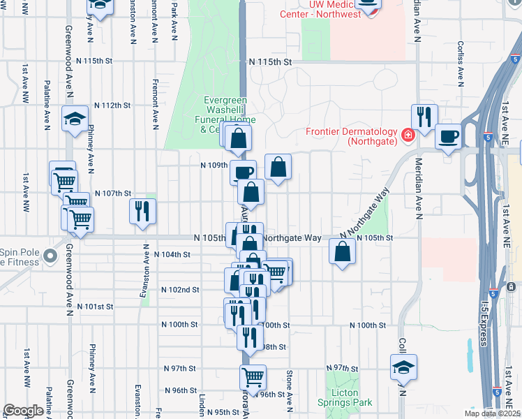 map of restaurants, bars, coffee shops, grocery stores, and more near 10532 Midvale Avenue North in Seattle