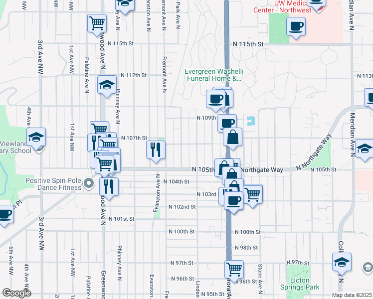 map of restaurants, bars, coffee shops, grocery stores, and more near 10533 North Park Avenue North in Seattle
