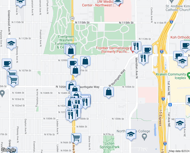 map of restaurants, bars, coffee shops, grocery stores, and more near 10537 Interlake Avenue North in Seattle