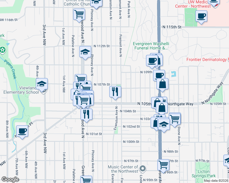 map of restaurants, bars, coffee shops, grocery stores, and more near 10538 Evanston Avenue North in Seattle