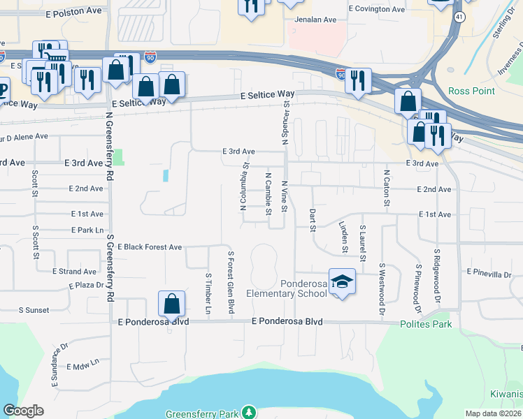 map of restaurants, bars, coffee shops, grocery stores, and more near 3079 East Steele Avenue in Post Falls
