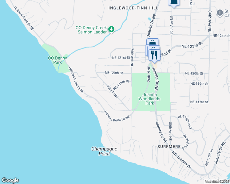 map of restaurants, bars, coffee shops, grocery stores, and more near 11750 73rd Place Northeast in Kirkland