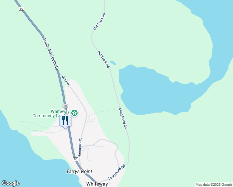 map of restaurants, bars, coffee shops, grocery stores, and more near Old Track Road in Whiteway