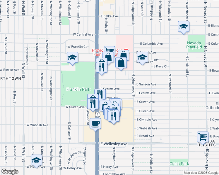 map of restaurants, bars, coffee shops, grocery stores, and more near 45 East Everett Avenue in Spokane