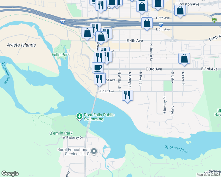 map of restaurants, bars, coffee shops, grocery stores, and more near 201 East 1st Avenue in Post Falls