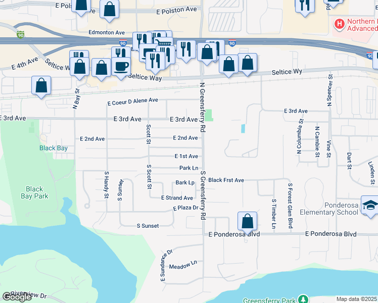 map of restaurants, bars, coffee shops, grocery stores, and more near 1810 East 1st Avenue in Post Falls