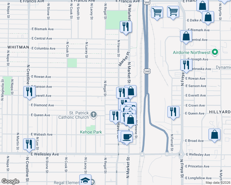 map of restaurants, bars, coffee shops, grocery stores, and more near 3004 East Everett Avenue in Spokane