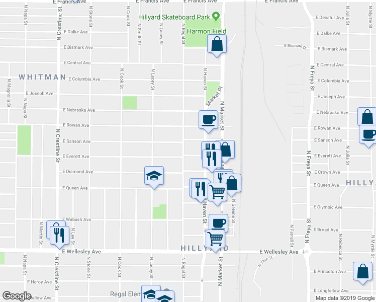 map of restaurants, bars, coffee shops, grocery stores, and more near 2913 East Everett Avenue in Spokane