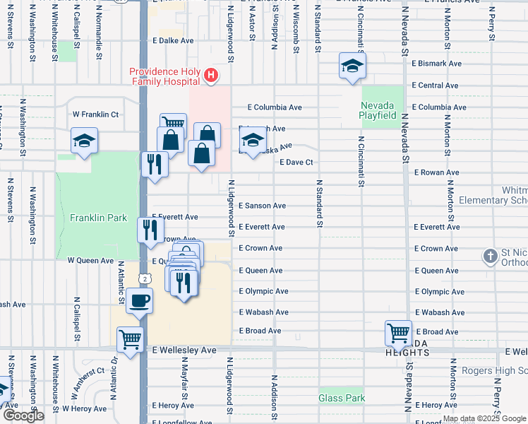 map of restaurants, bars, coffee shops, grocery stores, and more near 425 East Everett Avenue in Spokane