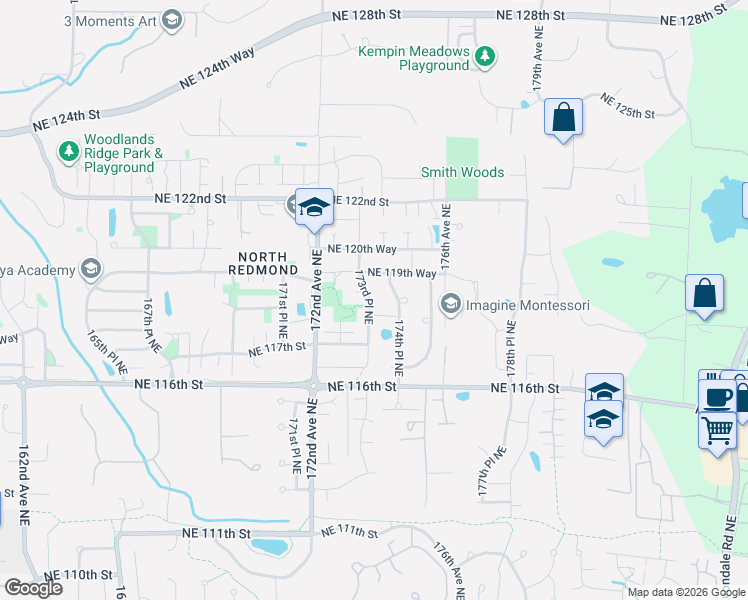map of restaurants, bars, coffee shops, grocery stores, and more near 11839 173rd Place Northeast in Redmond