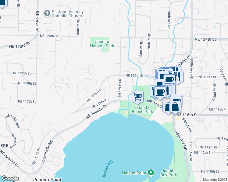 map of restaurants, bars, coffee shops, grocery stores, and more near 11717 93rd Avenue Northeast in Kirkland