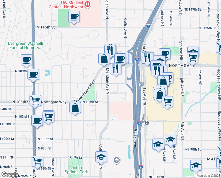 map of restaurants, bars, coffee shops, grocery stores, and more near in Seattle