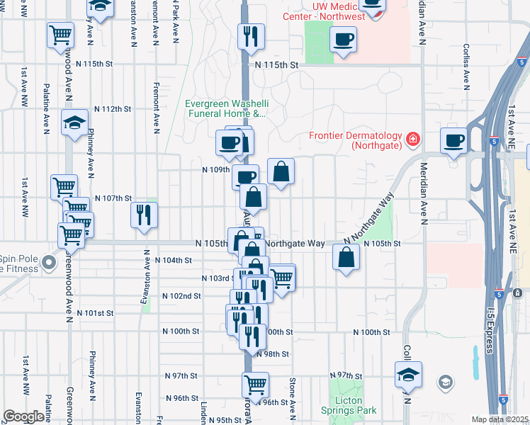 map of restaurants, bars, coffee shops, grocery stores, and more near 10532 Midvale Avenue North in Seattle