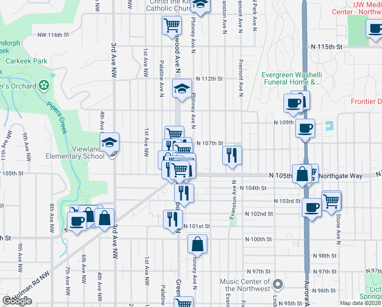 map of restaurants, bars, coffee shops, grocery stores, and more near 10532 Greenwood Avenue North in Seattle