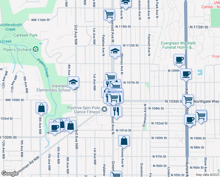 map of restaurants, bars, coffee shops, grocery stores, and more near 10526 Palatine Avenue North in Seattle