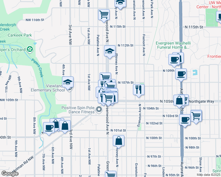 map of restaurants, bars, coffee shops, grocery stores, and more near 10532 Greenwood Avenue North in Seattle