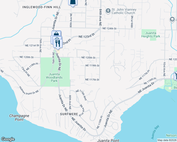 map of restaurants, bars, coffee shops, grocery stores, and more near 11726 82nd Avenue Northeast in Kirkland