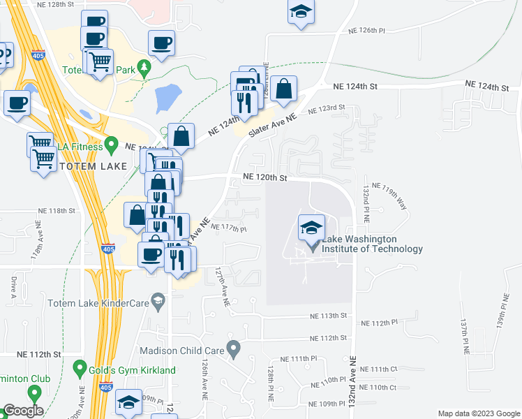 map of restaurants, bars, coffee shops, grocery stores, and more near 12714 Northeast 118th Street in Kirkland