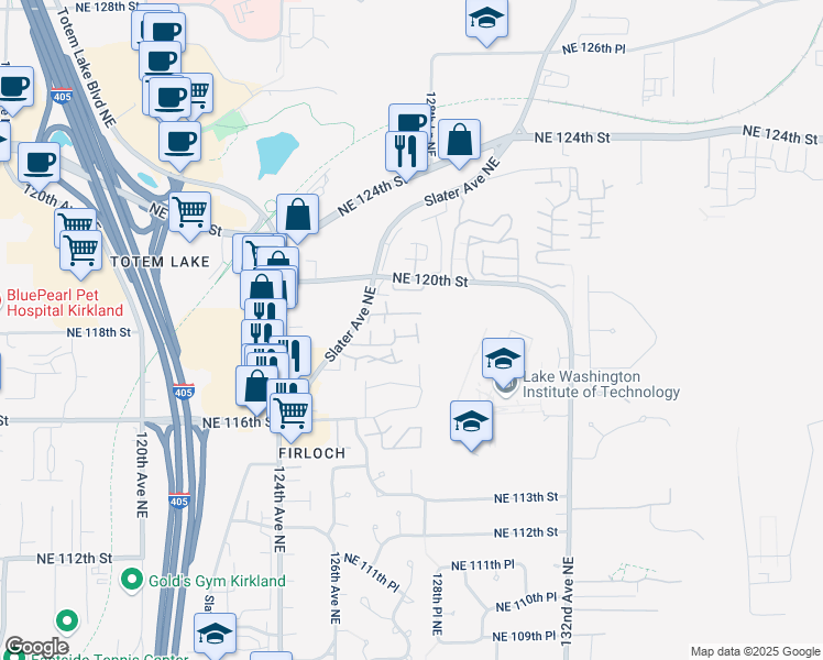 map of restaurants, bars, coffee shops, grocery stores, and more near 12707 Northeast 118th Street in Kirkland