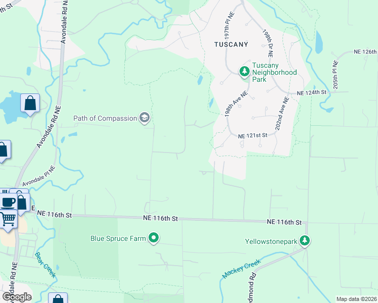 map of restaurants, bars, coffee shops, grocery stores, and more near 196th Avenue Northeast in Redmond