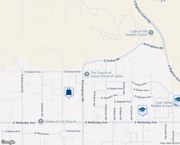 map of restaurants, bars, coffee shops, grocery stores, and more near 5322 North Evergreen Road in Spokane Valley