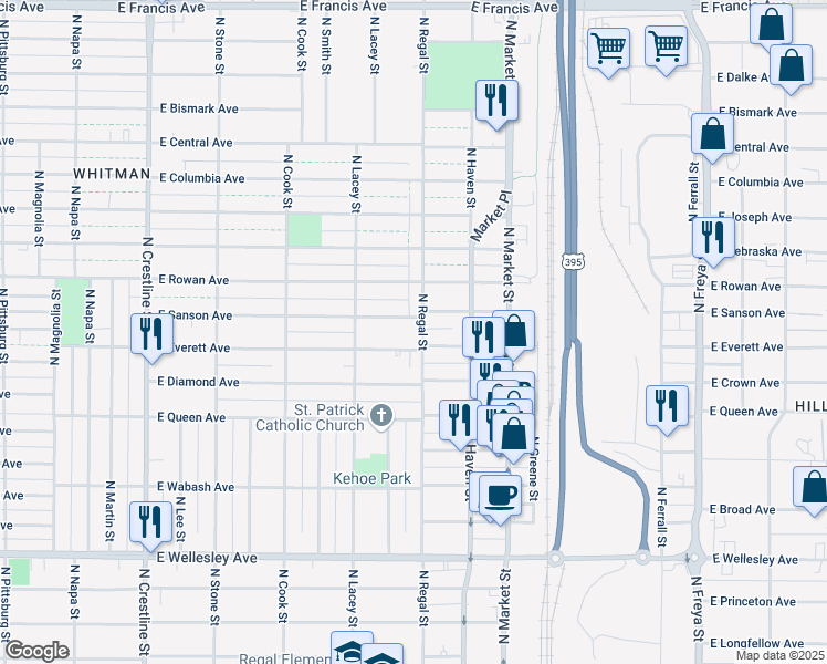 map of restaurants, bars, coffee shops, grocery stores, and more near 2814 East Everett Avenue in Spokane