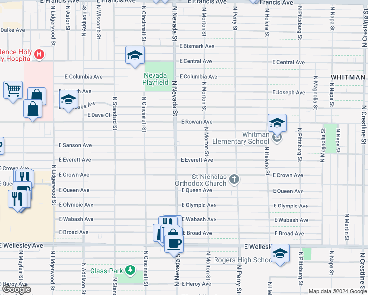 map of restaurants, bars, coffee shops, grocery stores, and more near 1011 East Everett Avenue in Spokane