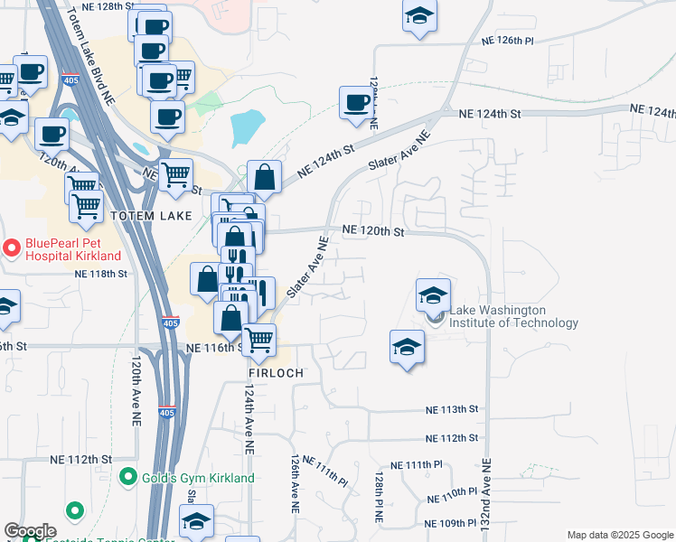 map of restaurants, bars, coffee shops, grocery stores, and more near 12614 Northeast 118th Street in Kirkland