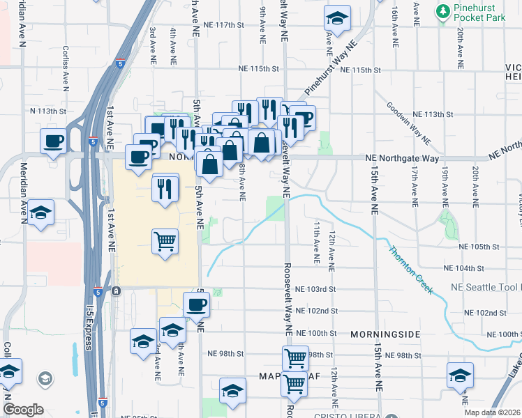 map of restaurants, bars, coffee shops, grocery stores, and more near 10601 Roosevelt Way Northeast in Seattle