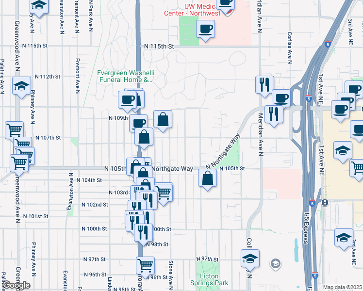 map of restaurants, bars, coffee shops, grocery stores, and more near 10532 Stone Avenue North in Seattle