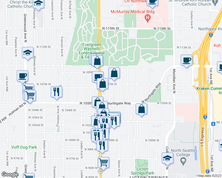 map of restaurants, bars, coffee shops, grocery stores, and more near 10532 Midvale Avenue North in Seattle
