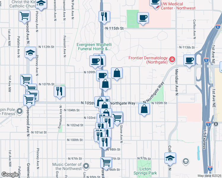 map of restaurants, bars, coffee shops, grocery stores, and more near 10532 Midvale Avenue North in Seattle
