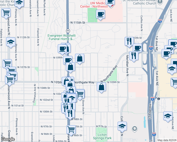 map of restaurants, bars, coffee shops, grocery stores, and more near 10532 Stone Avenue North in Seattle