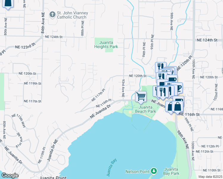 map of restaurants, bars, coffee shops, grocery stores, and more near 11639 91st Lane Northeast in Kirkland