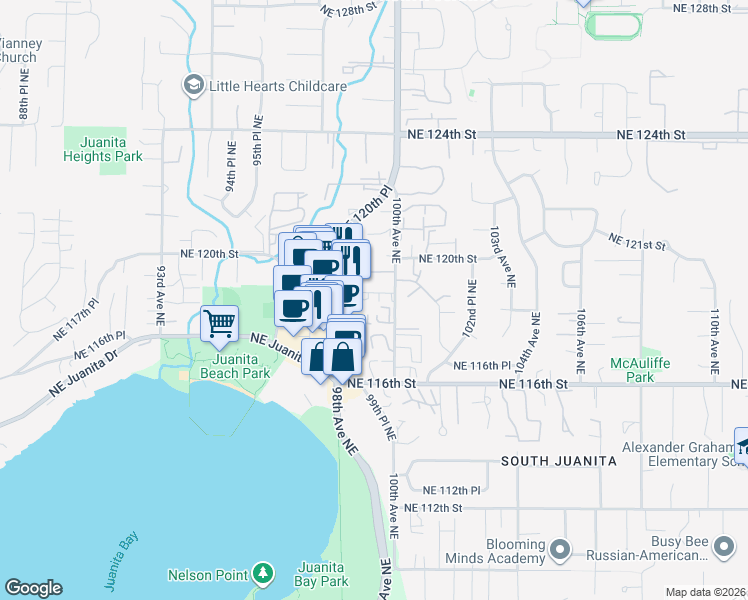 map of restaurants, bars, coffee shops, grocery stores, and more near 9915 Northeast 119th Street in Kirkland