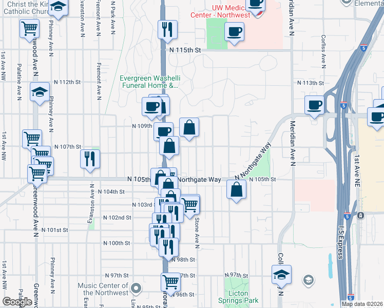 map of restaurants, bars, coffee shops, grocery stores, and more near 10549 Stone Avenue North in Seattle