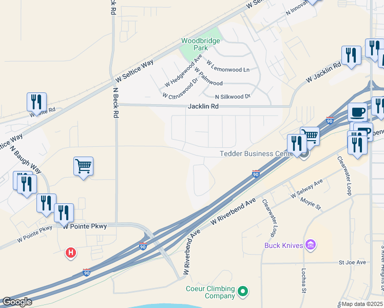 map of restaurants, bars, coffee shops, grocery stores, and more near West Expo Parkway in Post Falls