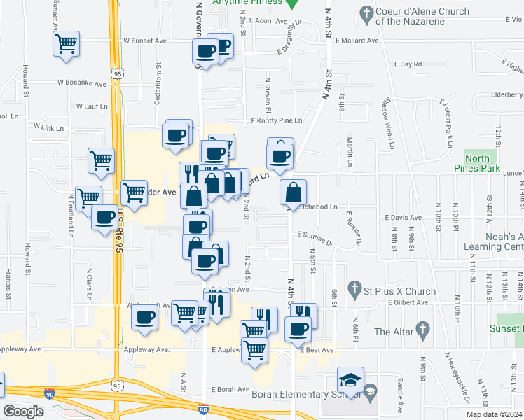 map of restaurants, bars, coffee shops, grocery stores, and more near 284 East Leadora Lane in Coeur d'Alene