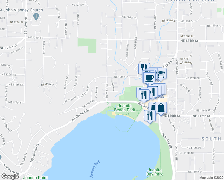 map of restaurants, bars, coffee shops, grocery stores, and more near 9307 Northeast 118th Lane in Kirkland