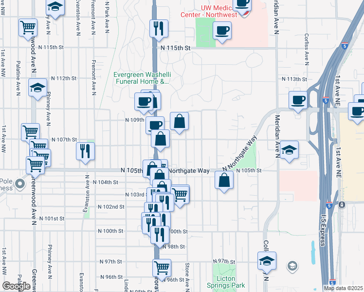 map of restaurants, bars, coffee shops, grocery stores, and more near 10532 Midvale Avenue North in Seattle