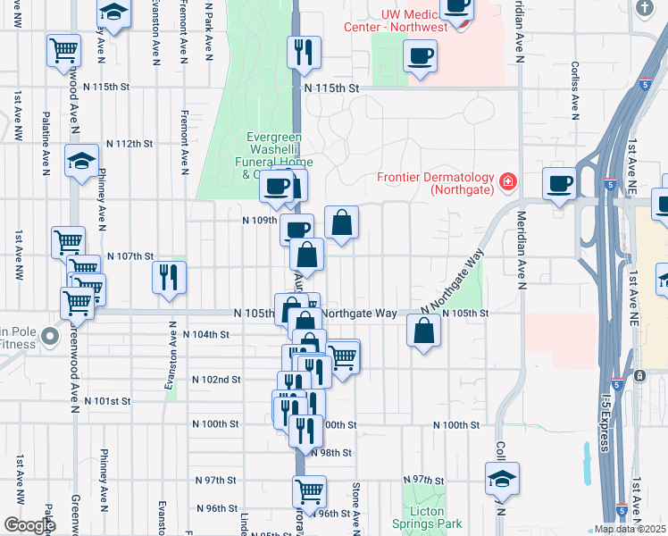 map of restaurants, bars, coffee shops, grocery stores, and more near 10532 Midvale Avenue North in Seattle
