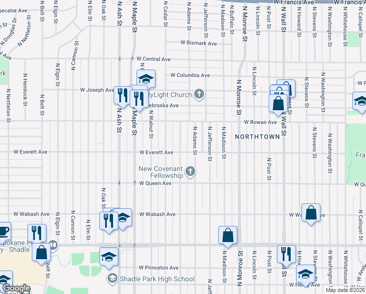 map of restaurants, bars, coffee shops, grocery stores, and more near 5228 North Hawthorne Street in Spokane