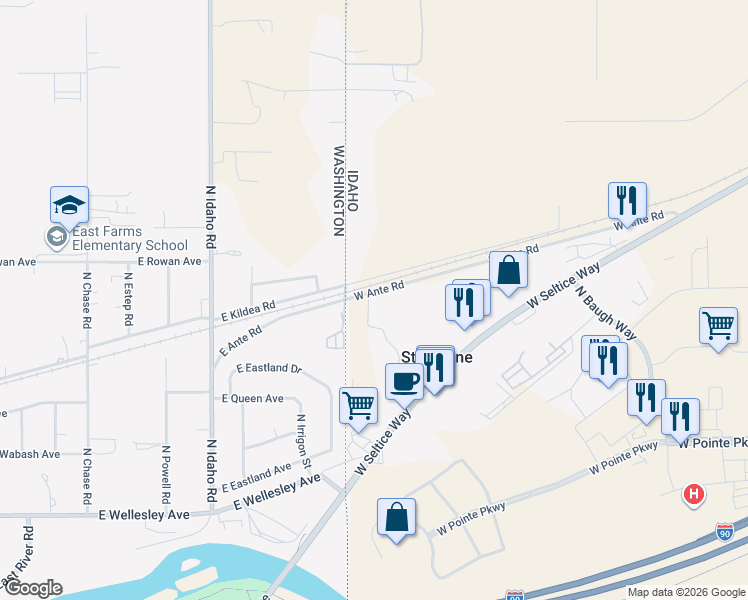map of restaurants, bars, coffee shops, grocery stores, and more near 450 North Carpet Drive in Post Falls