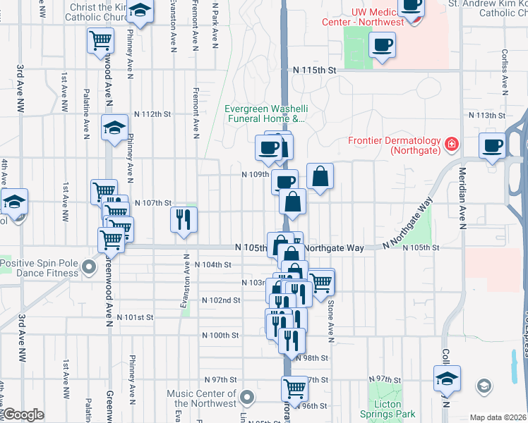 map of restaurants, bars, coffee shops, grocery stores, and more near North 107th Street & Whitman Avenue North in Seattle