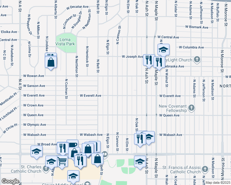 map of restaurants, bars, coffee shops, grocery stores, and more near 5307 North Cannon Street in Spokane